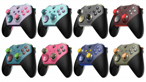 Two rows of colourful Xbox controllers with four controllers in each line