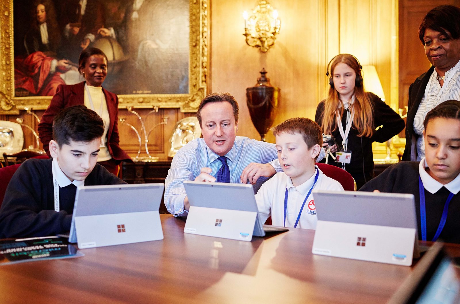 Prime Minister David Cameron with school children from Eastlea Community School