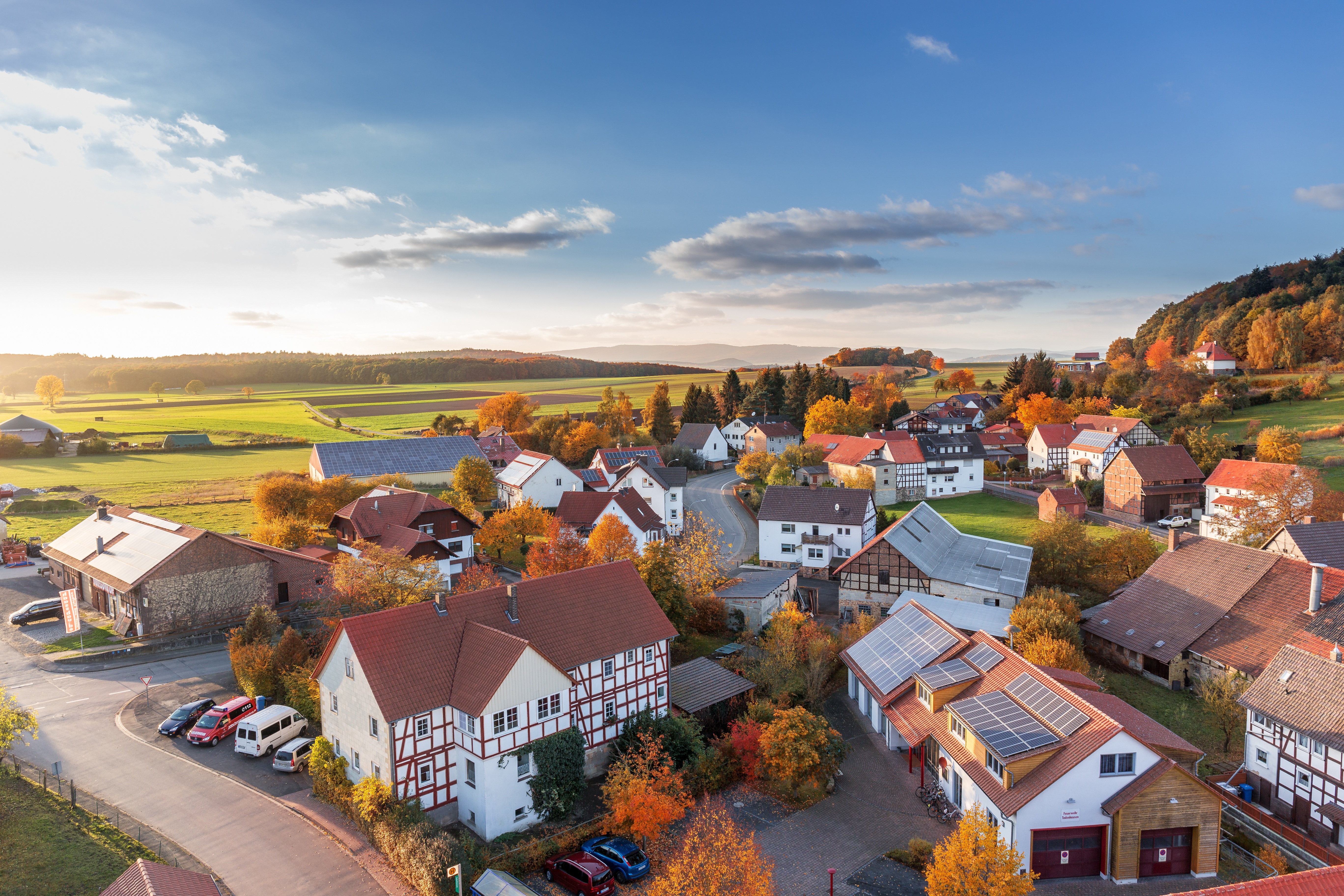 Small town in countryside, sun shining