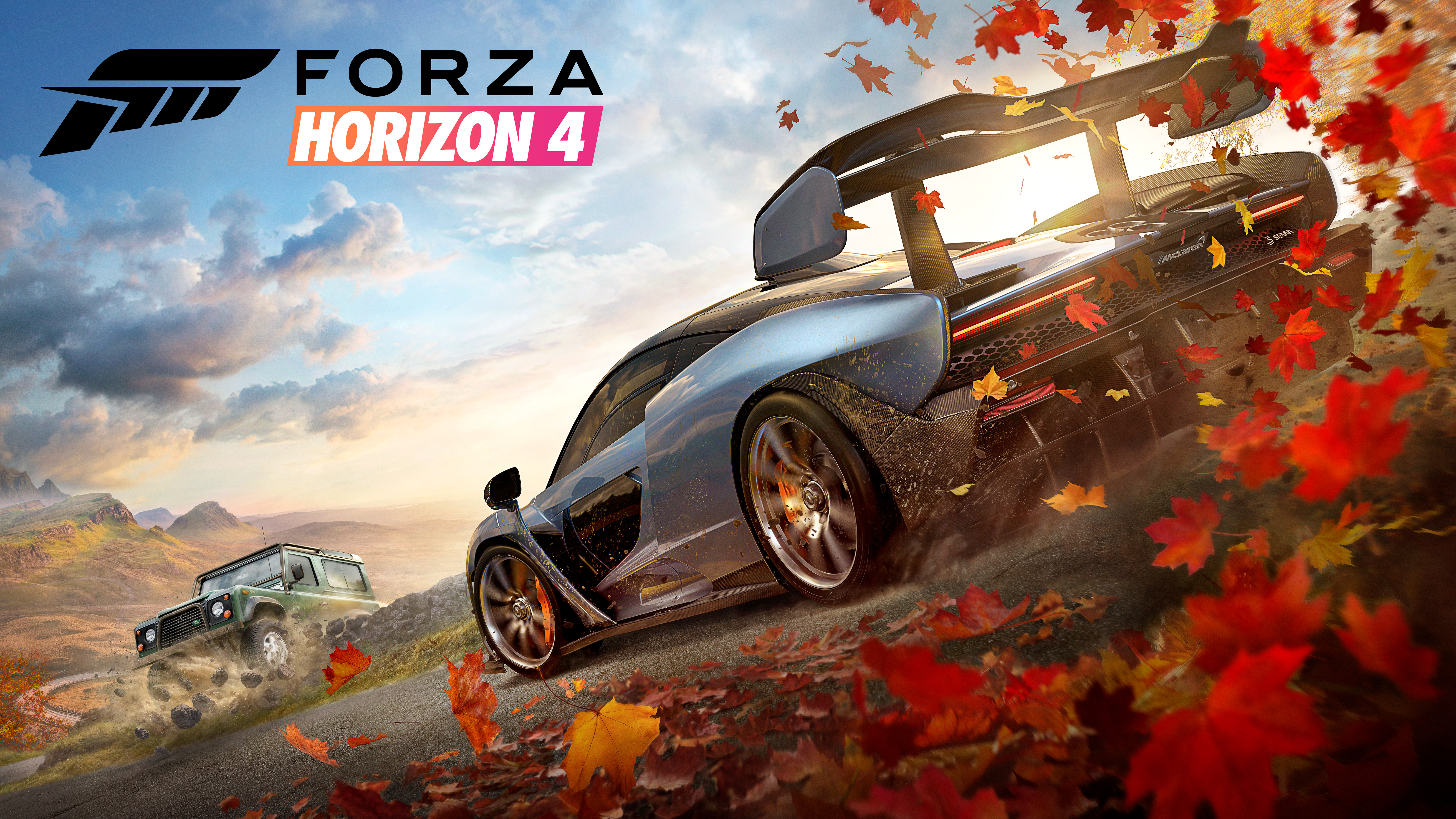 Box cover image for Forza Horizon 4 showing McLaren Senna and Land Rover