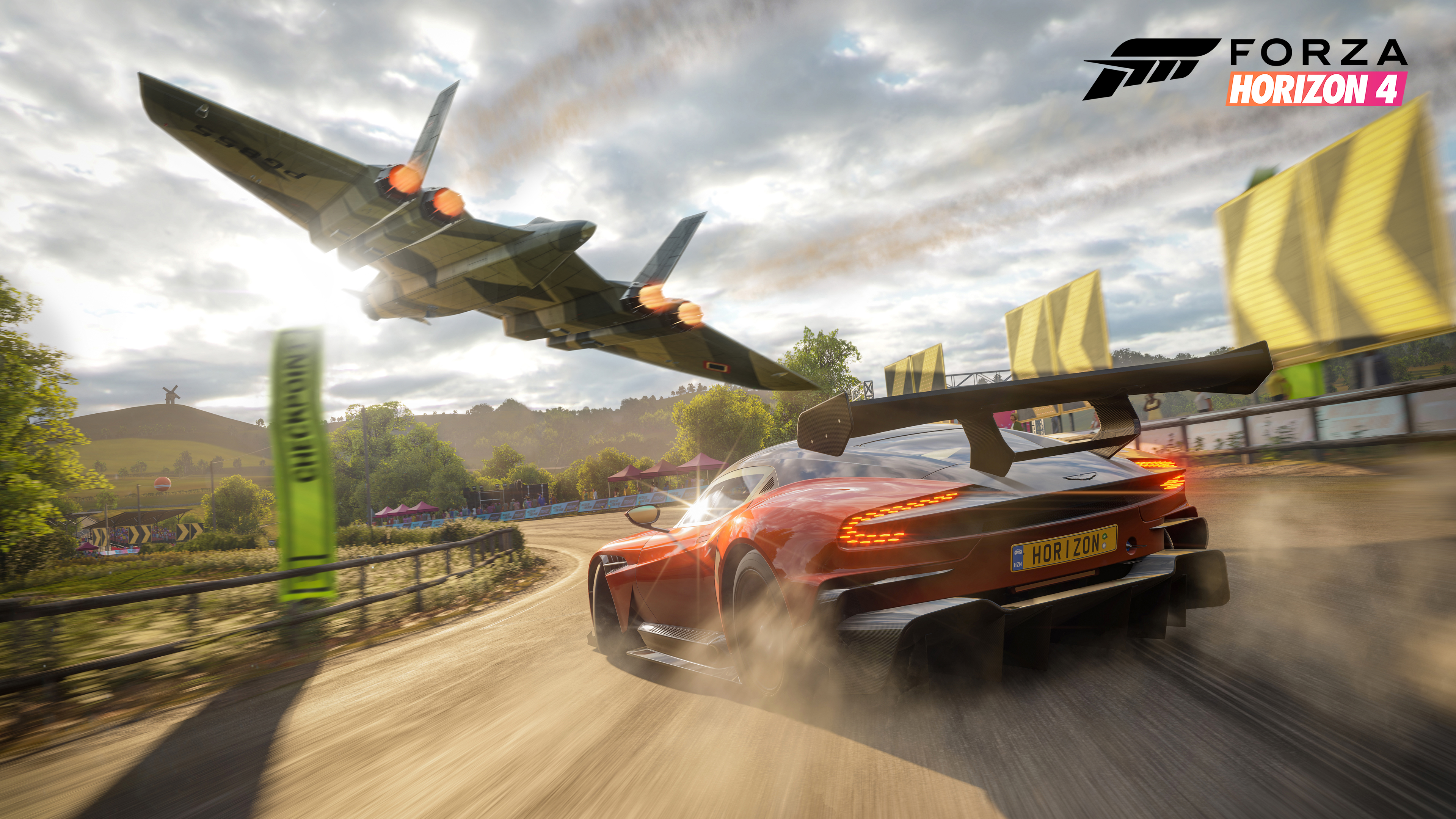 Forza Horizon 4 screenshot of McLaren Senna and bomber plane overhead