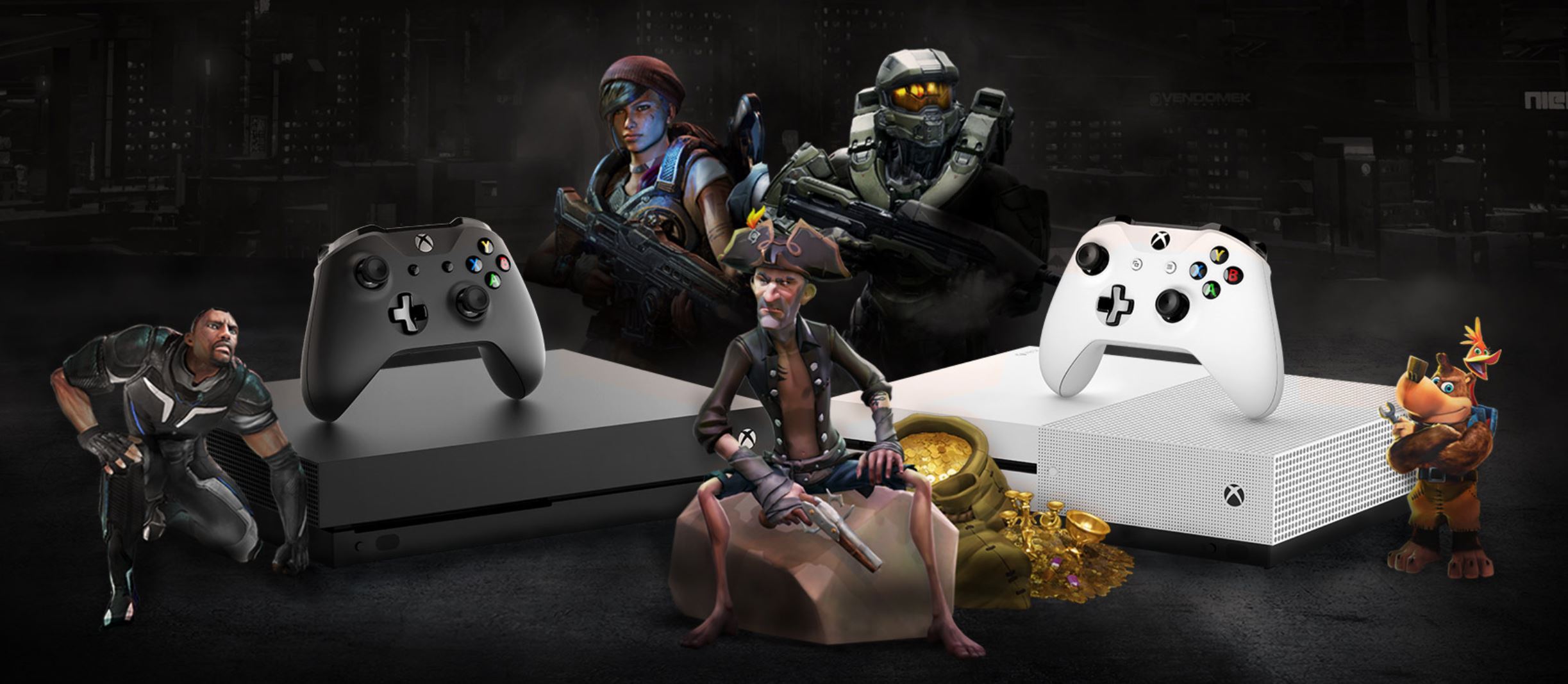 Xbox characters sitting on Xbox One X