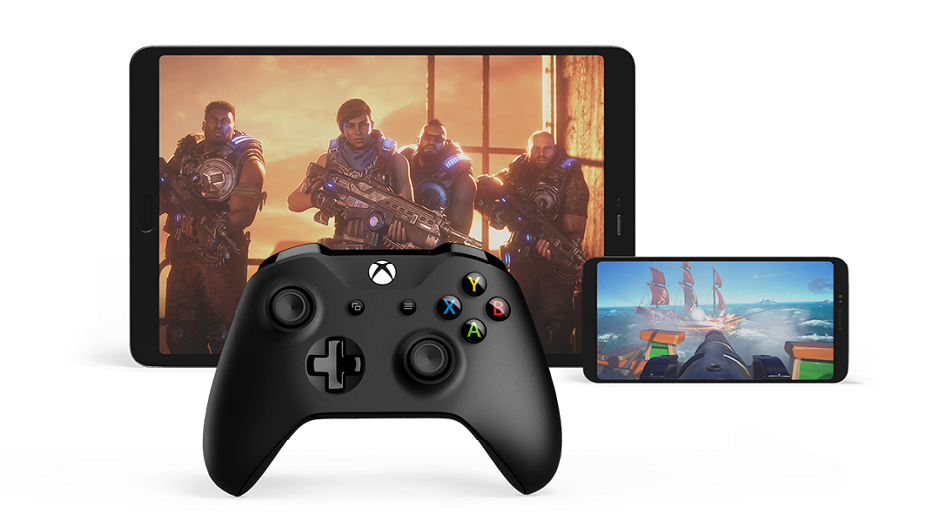 Picture representing xcloud, showing an Xbox controller, Gears 5 on a tablet and Sea of Thieves on a phone