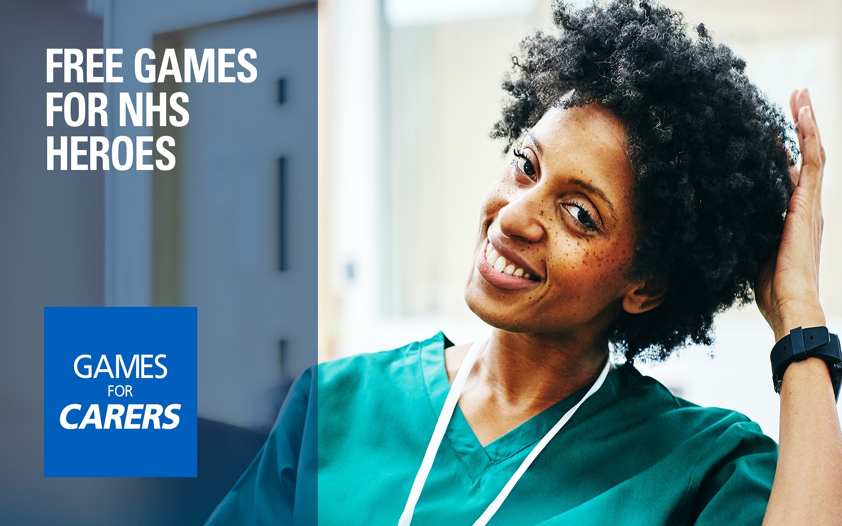 A graphic announcing the "Free Games for NHS Heroes" initiative, featuring a picture of a nurse