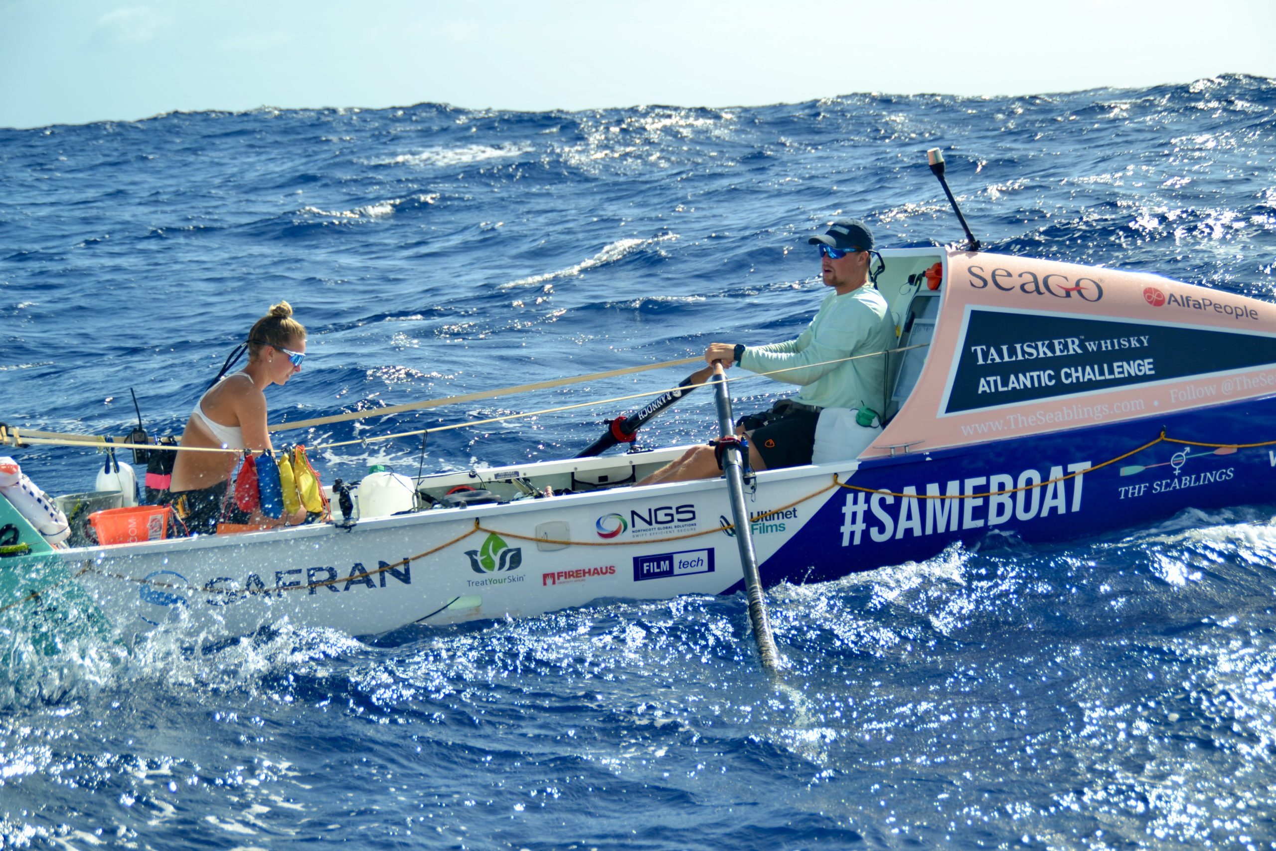 Anna and Cam McLean in their boat during their row across the Atlantic