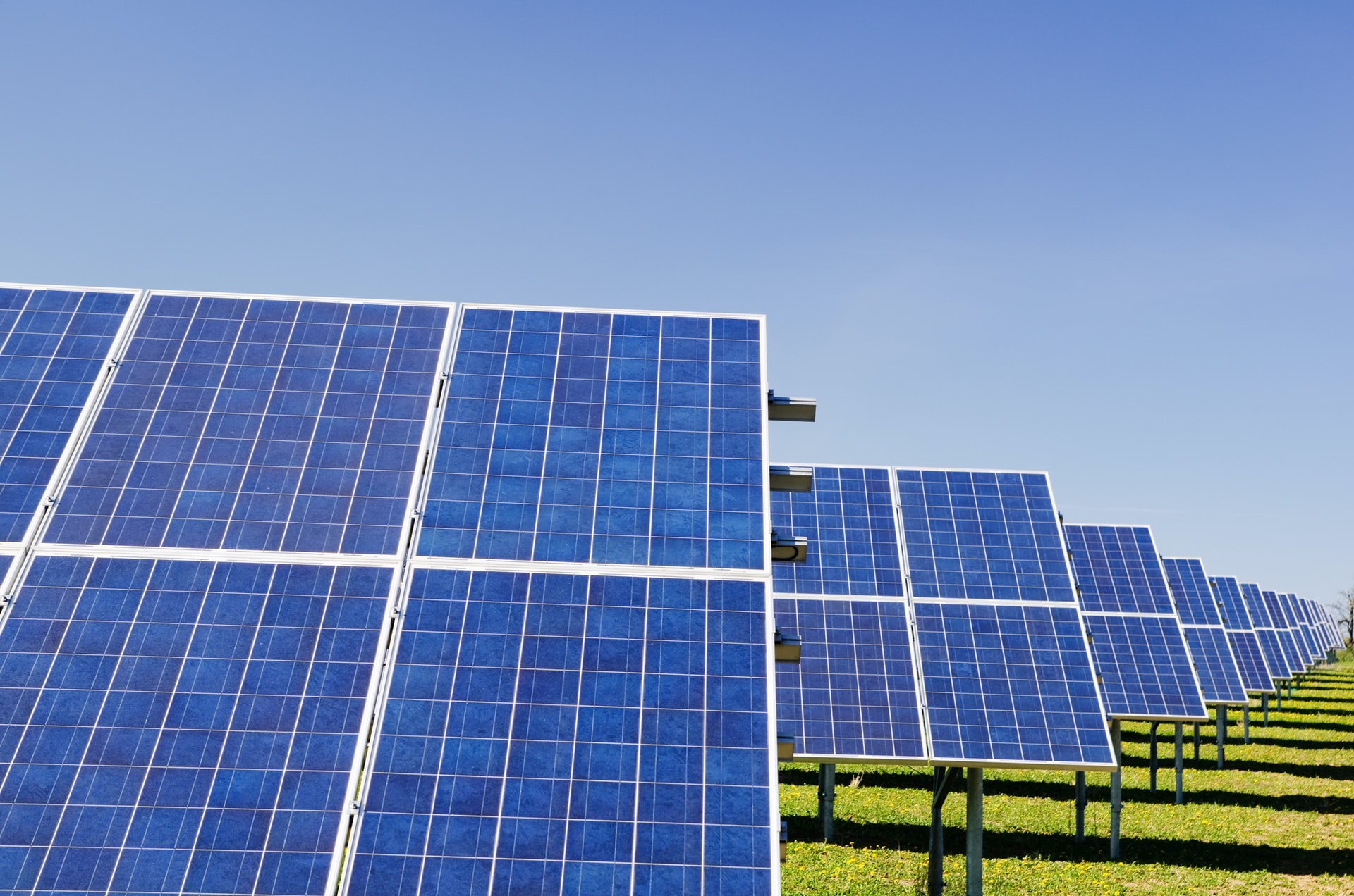 A row of solar panels in a field on a sunny day