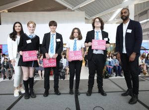 Team Eco Builders (l-r) Kit, Louis, Emilia and Louis, with 2022 winner Megan Epstein-Knights and architect Julian McIntosh
