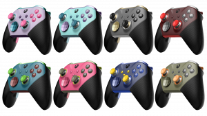 Two rows of colourful Xbox controllers with four controllers in each line