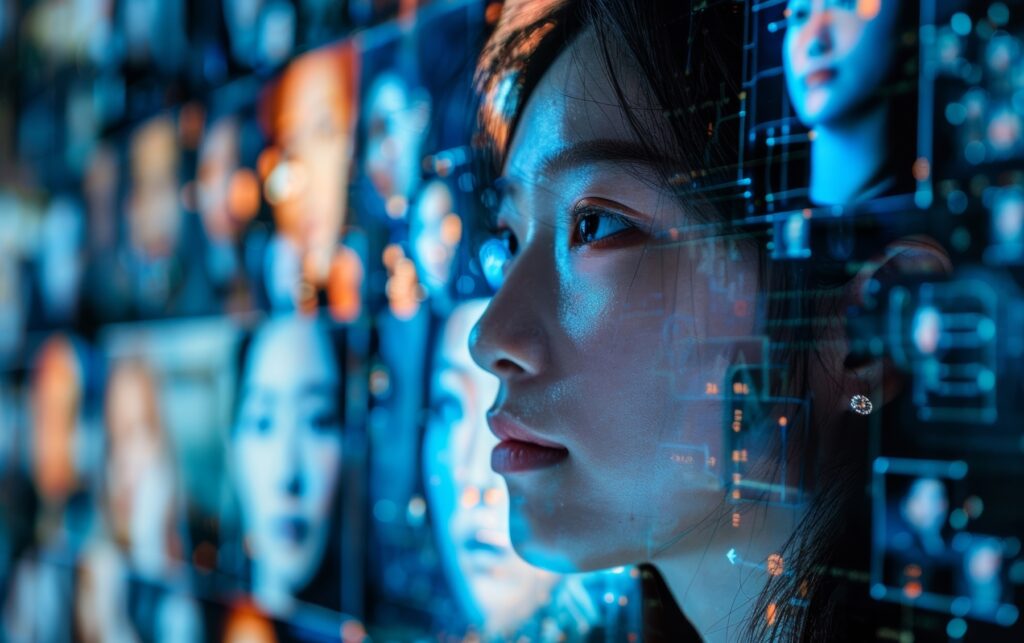 Image of young woman's face emerging through bank og digitally rendered faces on a bank of screens