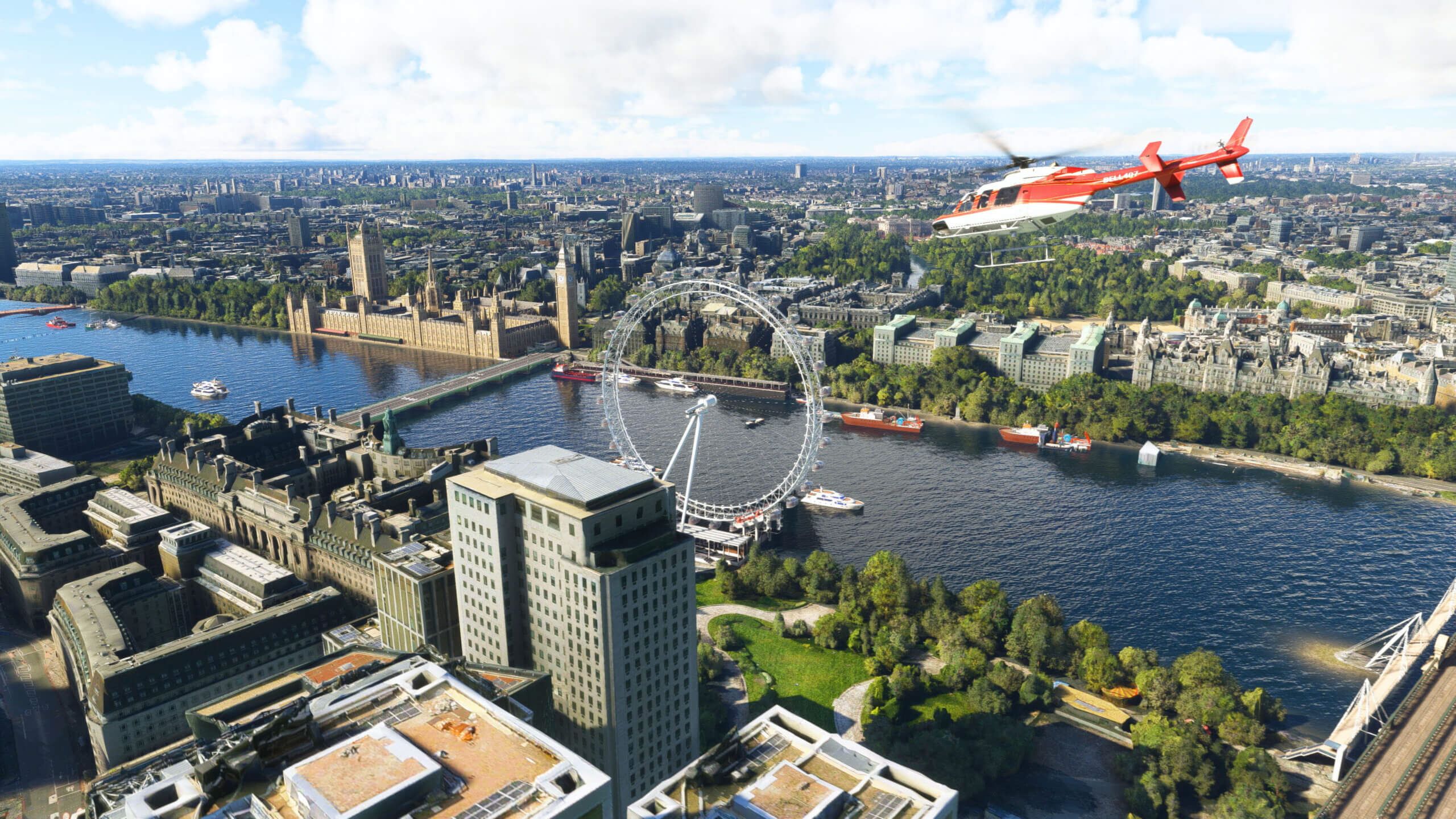 London skyline aerial view with helicopter in foreground