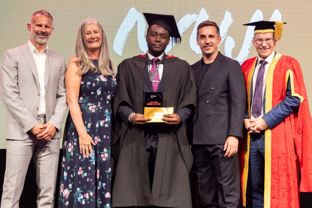 (From l to r) UA92 co-founder Ryan Giggs; Chair of the Board Marnie Millard OBE; Microsoft prize winner Chidozi Iwuji; UA92 Co-founder Gary Neville; Lancaster University Vice-Chancellor Andy Schofield