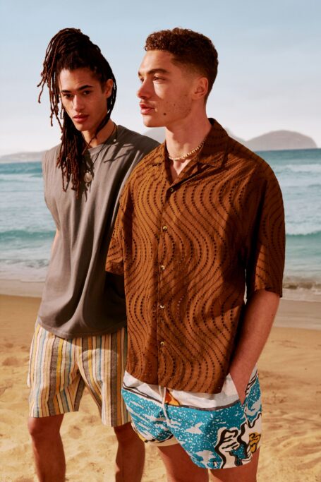 Two young men on beach wearing fashionable beach clothes