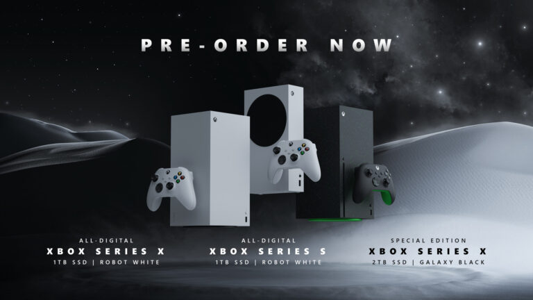 Graphic showing new Xbox consoles: Xbox Series X (white and black), Xbox series S