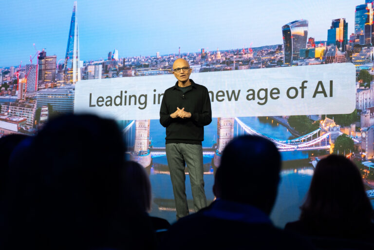 Satya Nadella, Chairman and CEO, Microsoft, addressing the audience at the AI Tour in London's Hilton Hotel