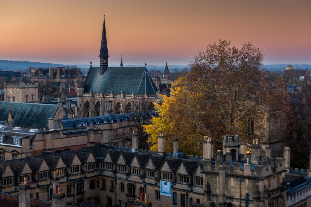 Aerial view of Oxford University with Exeter College chapel spire in the background