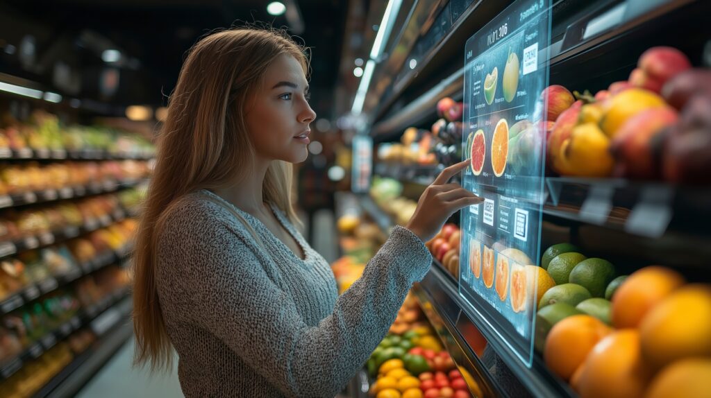 AI-generated image showing a young woman interacting with a digital screen in a supermarket fruit and vegetable aisle