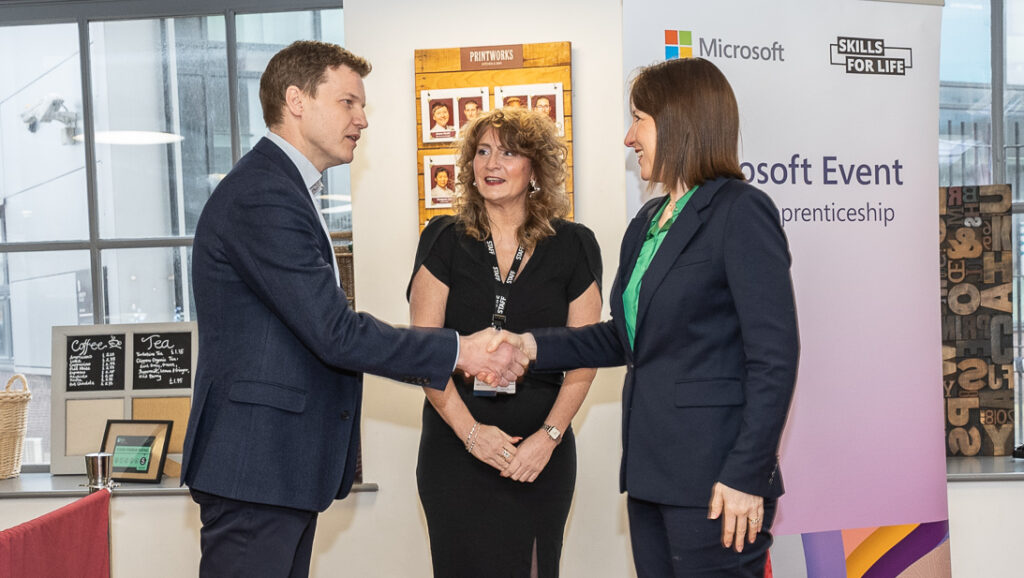 (From l to r) Darren Hardman, CEO, Microsoft UK; Natalie Wilson, VP Curriculum and Skills, Luminate Education Group; Rachel Reeves MP, Chancellor of the Exchequer