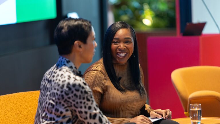 Pam Maynard, Chief AI Transformation Officer, Microsoft (left) speaking with Keyonda Gallardo, HR Director, Microsoft UK, on Thursday 6 March at the Women Employee Resource Group event at LinkedIn to Celebrate International Women's Day 2025