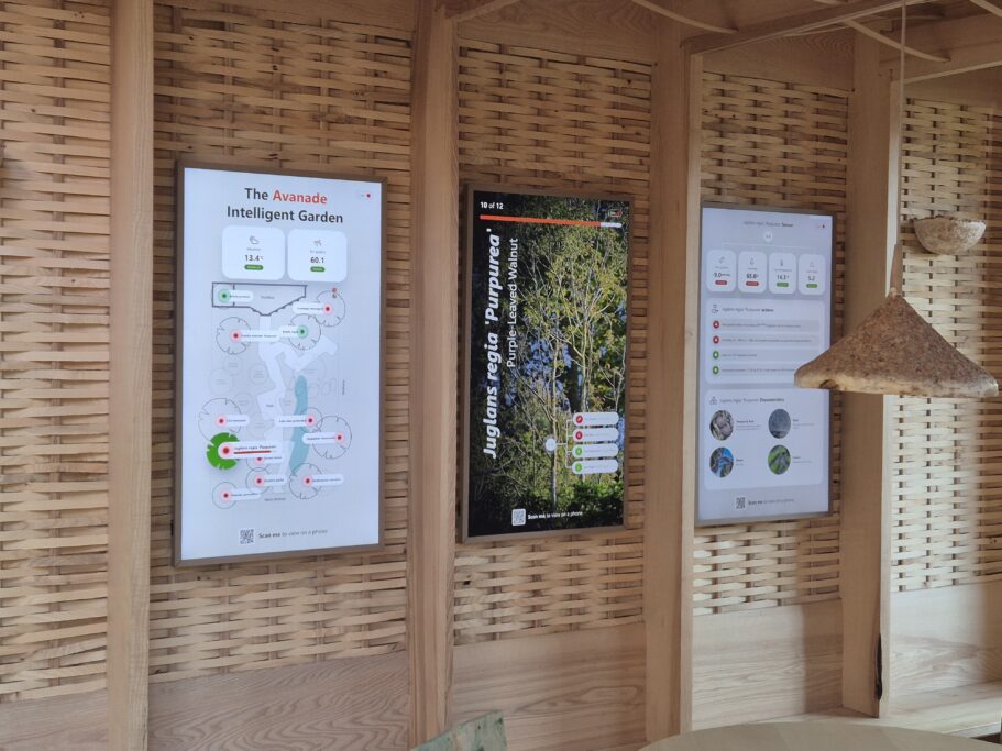 Digital display panels inside specially designed building for the Avanade Intelligent Garden at the Chelsea Flower Show 2025