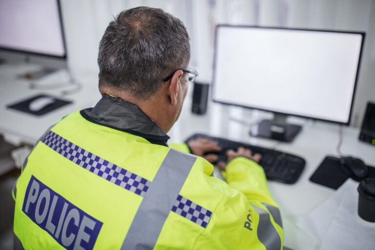 Policeman working at desktop computer