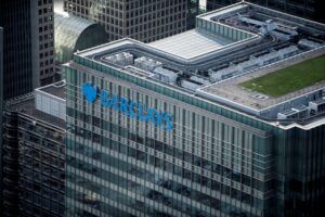 Aerial shot of Barclays tower at London's Canary Wharf