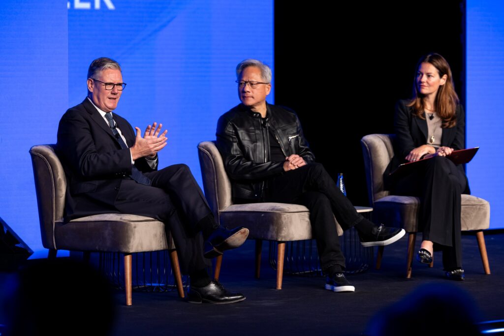(From l to r) Prime Minister Sir Keir Starmer; Jensen Huang, CEO, NVIDIA; Poppy Gustafsson, Minister for UK Investment on stage for a panel discussion at London Tech Week 2025
