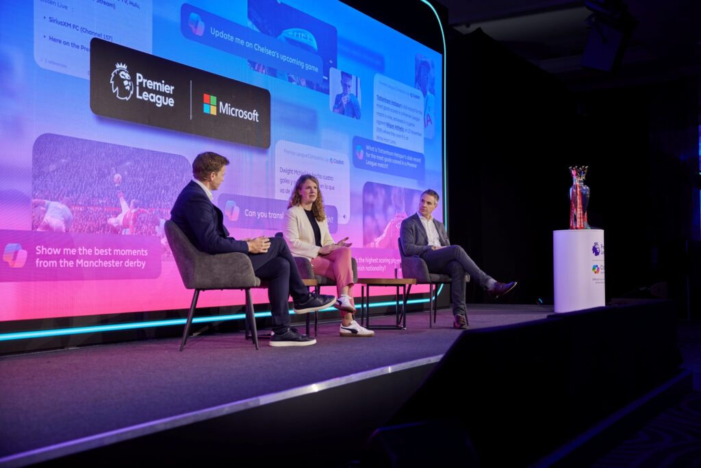 Darren Hardman, CEO, Microsoft UK & Ireland with the Premier League's Alexandra Willis, Director of Digital Media and Audience Development and Will Brass, Chief Commercial Officer