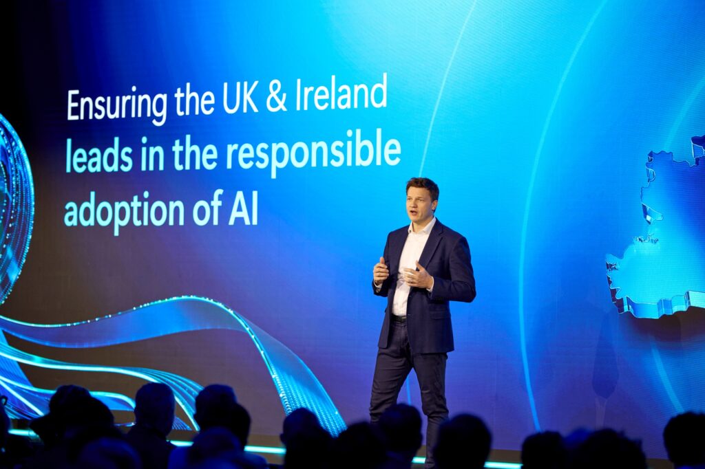 Darren Hardman, CEO, Microsoft UK & Ireland, delivering keynote at Microsoft AI Tour London 13.10.25