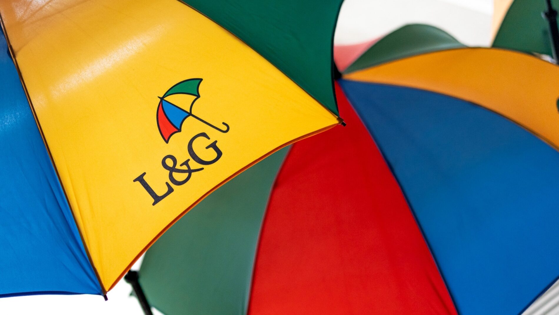 Colourful L&G umbrellas close-up