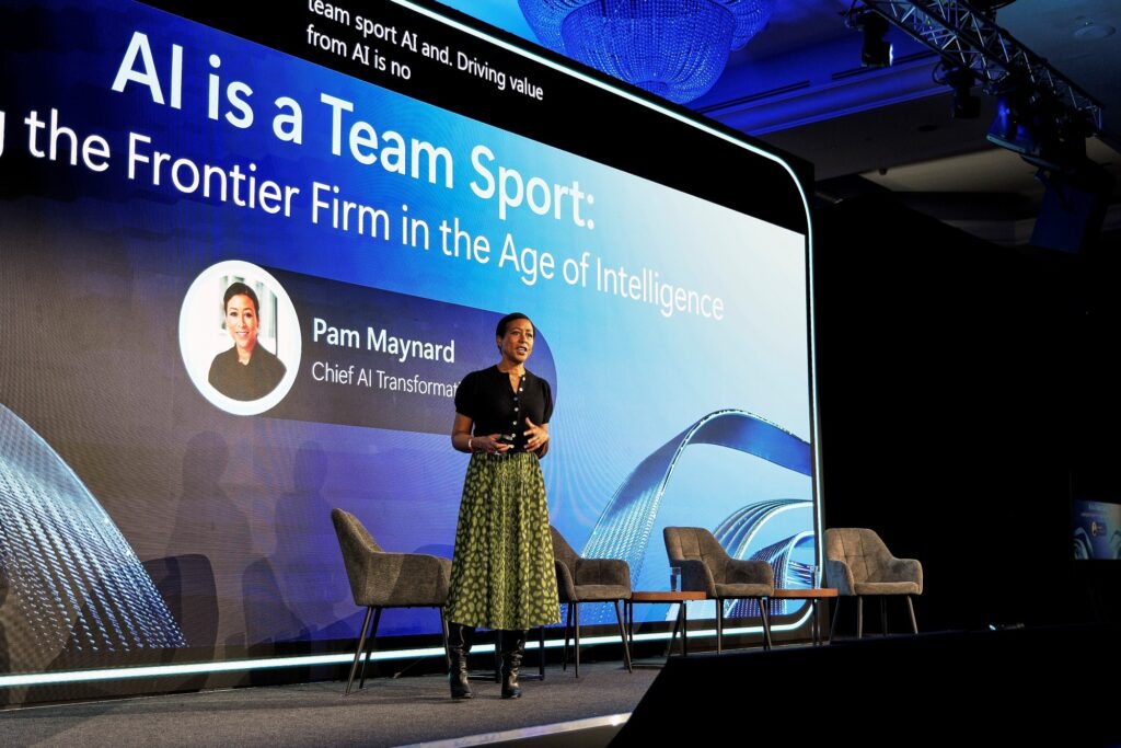 Pam Maynard, Chief AI Transformation Officer, Microsoft Customer and Partner Solutions, speaking at AI Tour London, 13.10.25