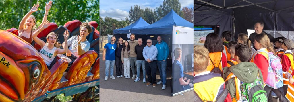 Triptych of scenes from STEAM 2025 event at Thorpe Park