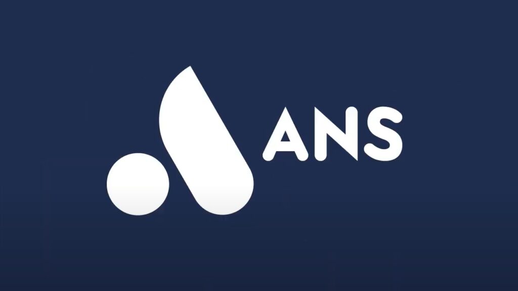 White ANS Logo against blue background