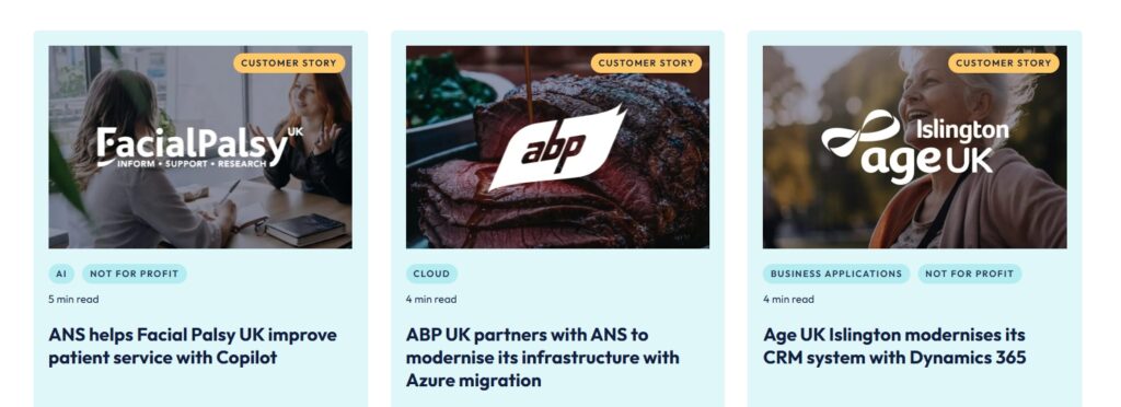 Screenshot from ANS website showing three customer success stories