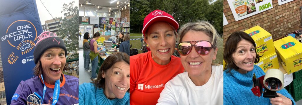 Collage of photos showing Xbox's Jo Dinnerville at various charity events