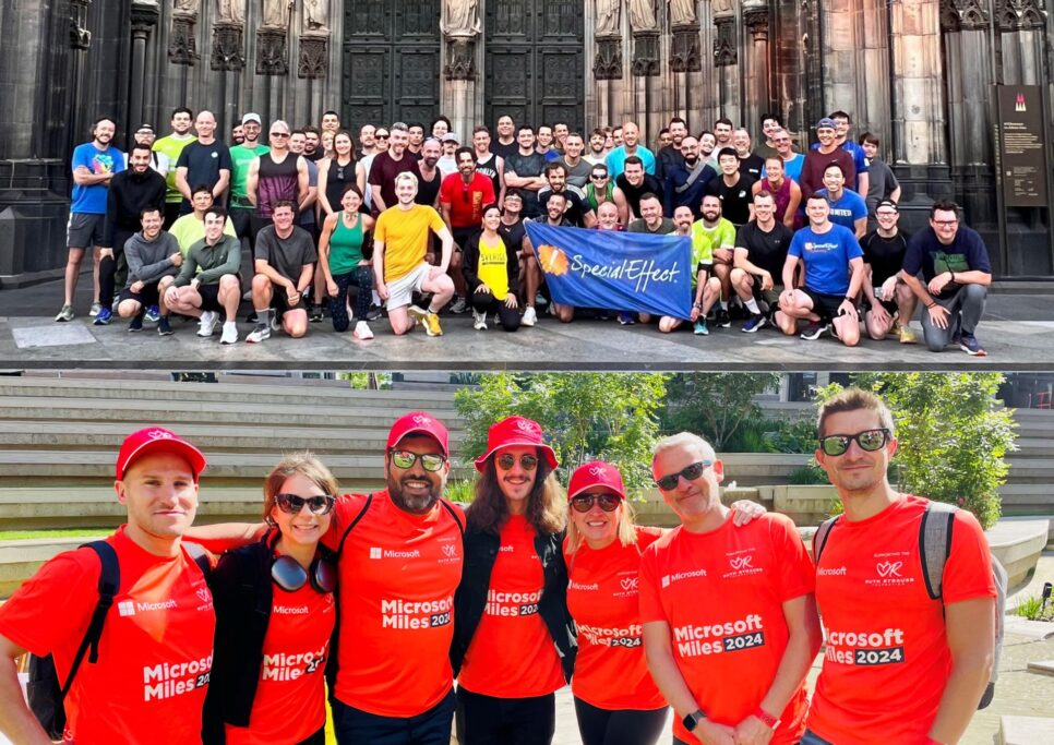 Group shots of the SpecialEffect team and volunteer fundraisers for Microsoft Miles 2024