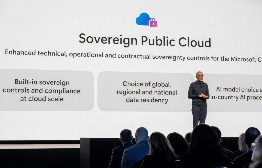 Satya Nadella, Microsoft Chairman and CEO announcing new Sovereign Cloud capabilities for customers at the Microsoft AI Tour London 24 Feb 2026