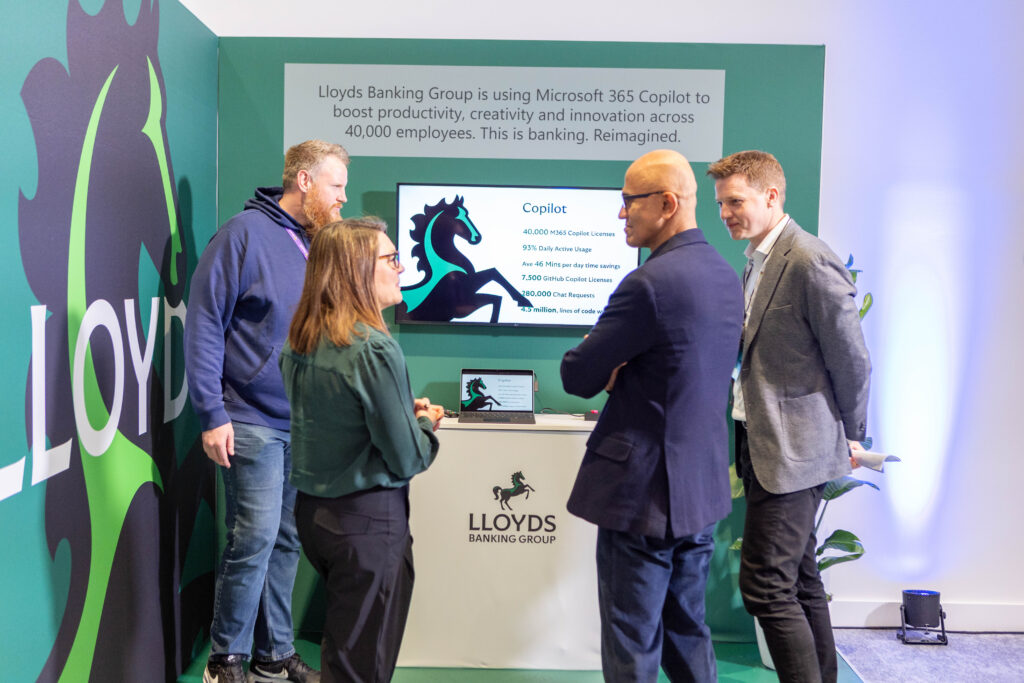 The Lloyds Banking Group team presenting to Satya Nadella and Darren Hardman at the Microsoft AI Tour London's Developer Showcase on 24 Feb 2026
