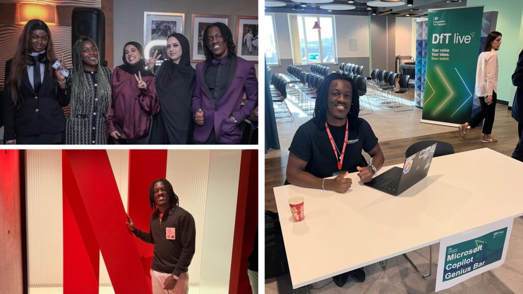 Collage of photos showing Microsoft Apprentice Kasheef McLennon at work