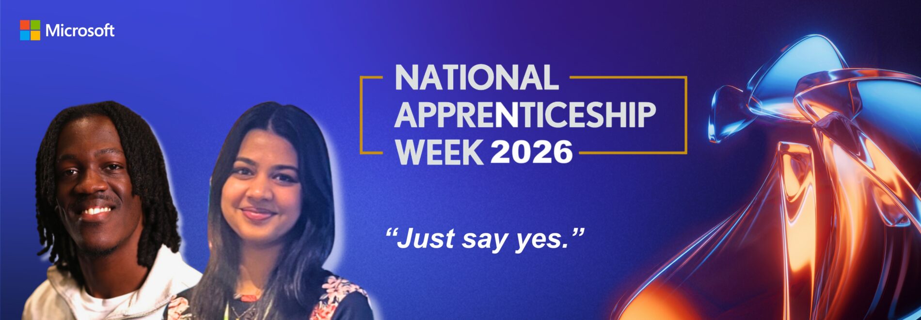 National Apprenticeship Week 2026 banner featuring Kasheef McLennan and Aarushi Karankal