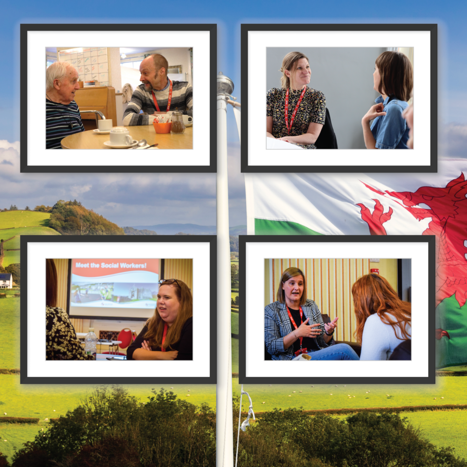 Collage of Welsh social workers helping residents against Welsh flag and rural backdrop
