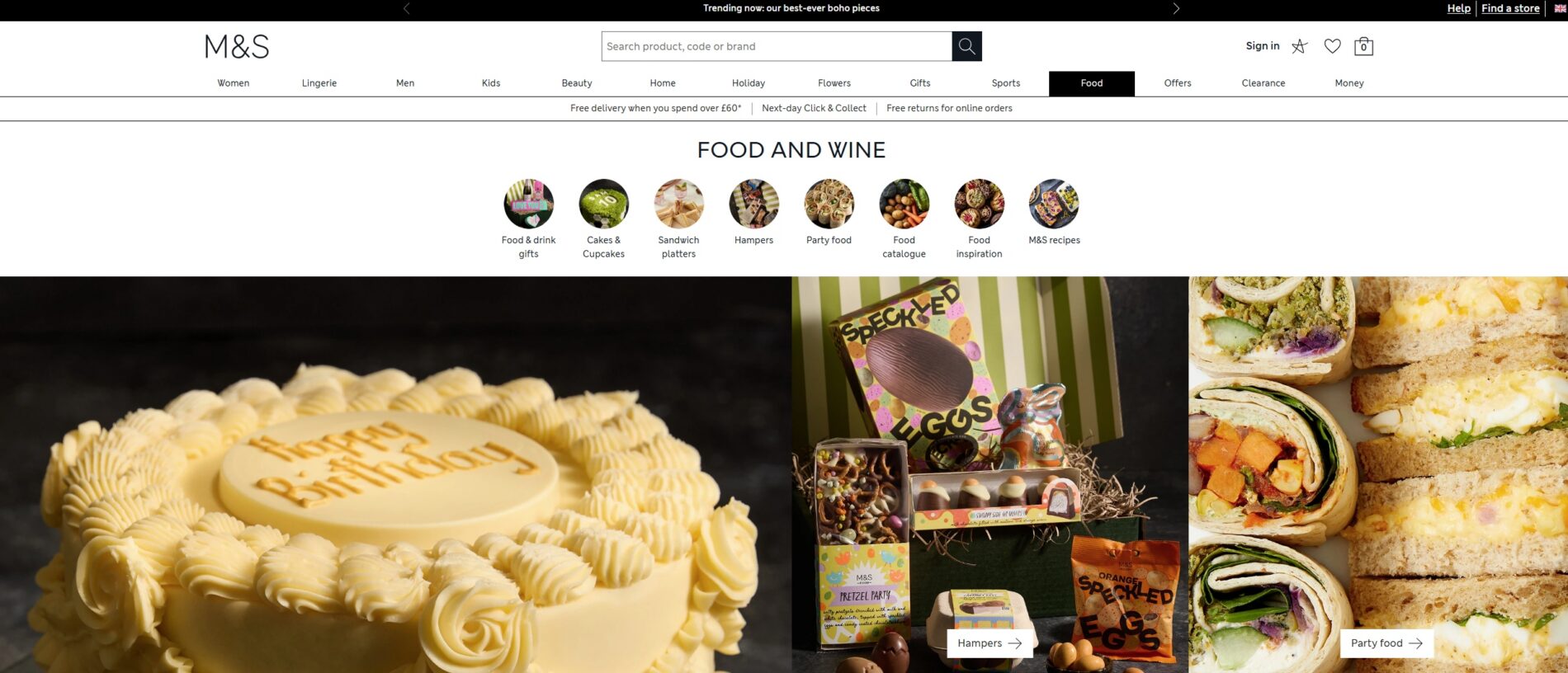 Marks & Spencer Food & Wine webpage screenshot