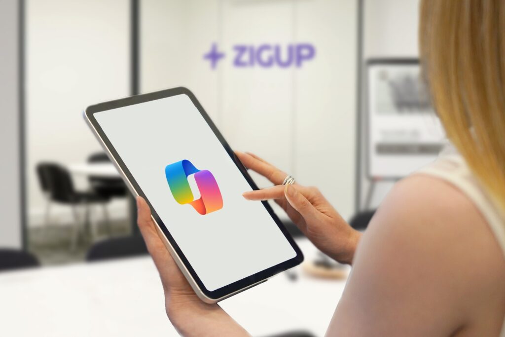AI-generated image of woman accessing Copilot on a tablet