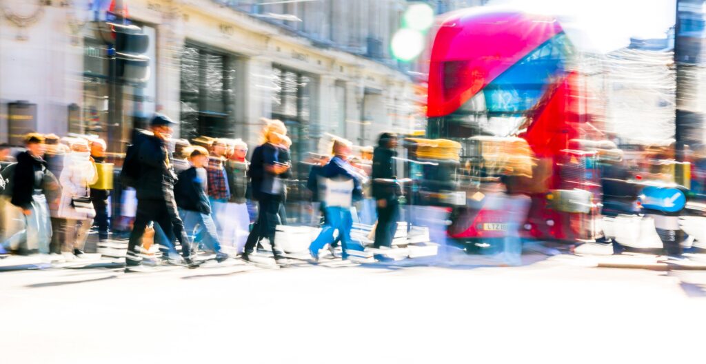 Busy London scene with pedestrians