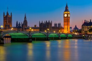 View of Big Ben and the Houses of Parliament from across the River Thames at dusk