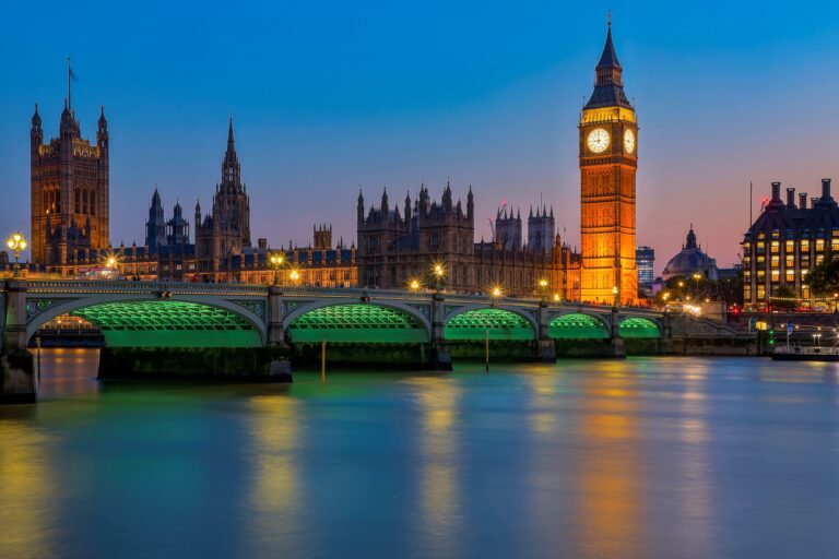 View of Big Ben and the Houses of Parliament from across the River Thames at dusk