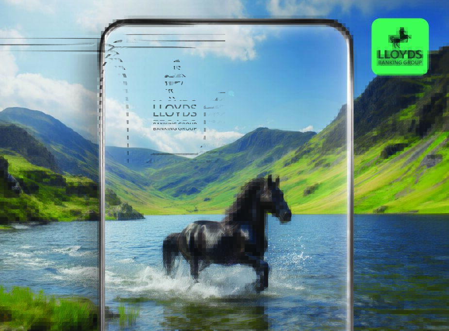 Lloyds Banking Group trademark black horse pictured running in mountain lake