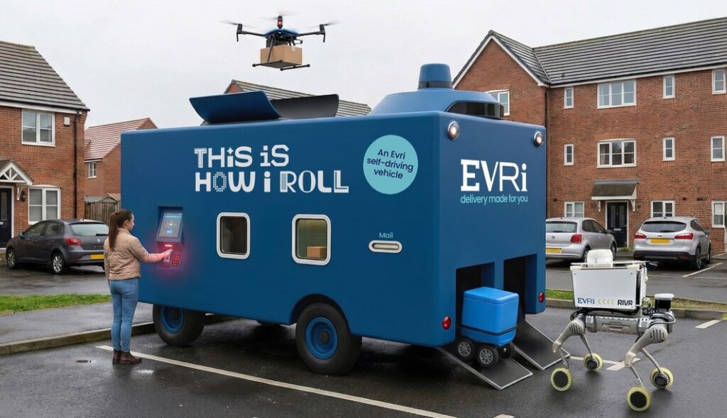 AI-generated image showing future autonomous delivery vehicle, delivery drone and robotic dogs.