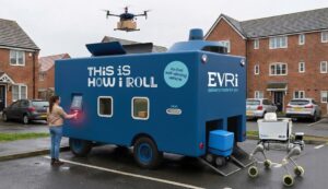 AI-generated image showing future autonomous delivery vehicle, delivery drone and robotic dogs.
