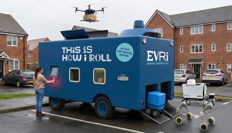 AI-generated image showing future autonomous delivery vehicle, delivery drone and robotic dogs.