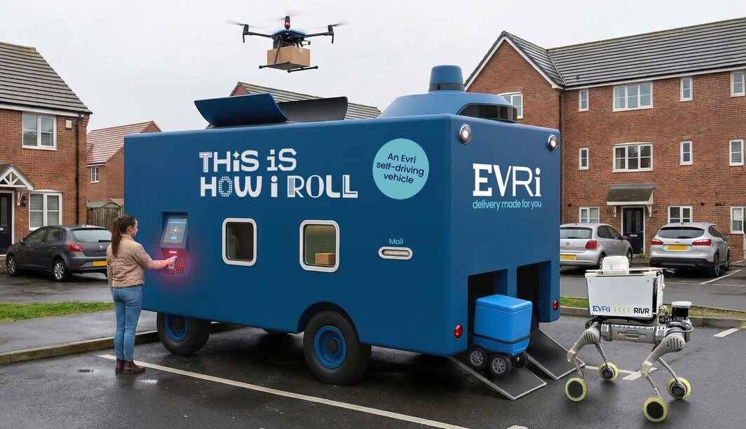 AI-generated image showing future autonomous delivery vehicle, delivery drone and robotic dogs.